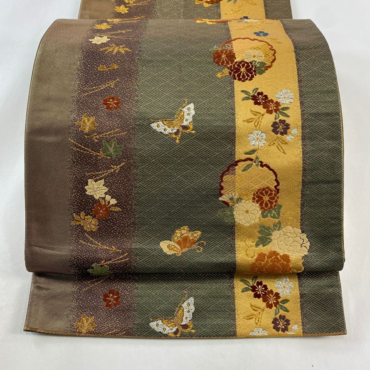 【庫存清倉】 袋帶 美品 秀品級 雪輪 蝶 唐織 金金箔 茶綠 六通 純蠶絲