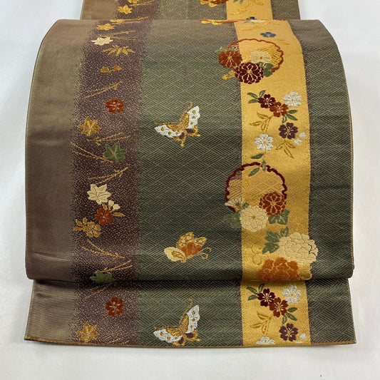 【庫存清倉】 袋帶 美品 秀品級 雪輪 蝶 唐織 金金箔 茶綠 六通 純蠶絲