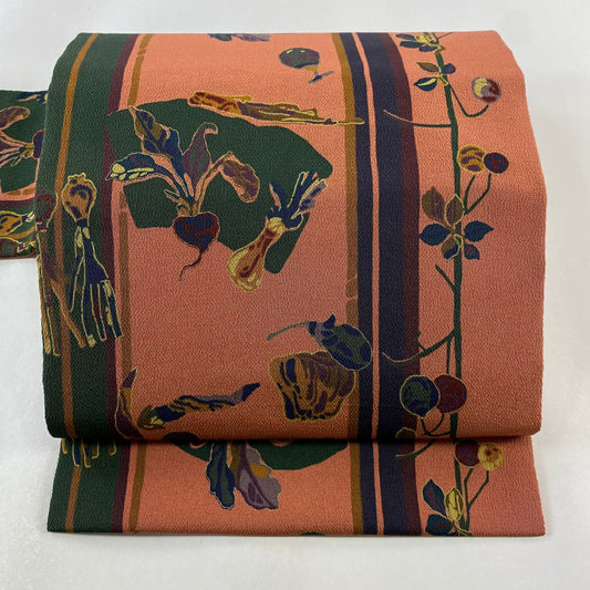 【庫存清倉】 名古屋帶 美品 秀品級 扇子面 野菜 絞織 紅茶 純蠶絲