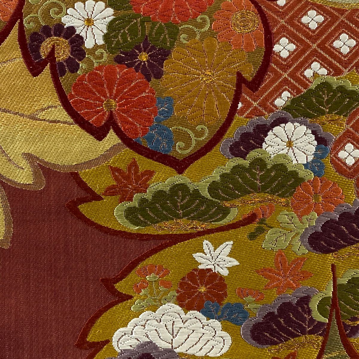 【庫存清倉】 袋帶 美品 秀品級 葉紋 菊花花 金絲 金金箔 紅 六通 純蠶絲