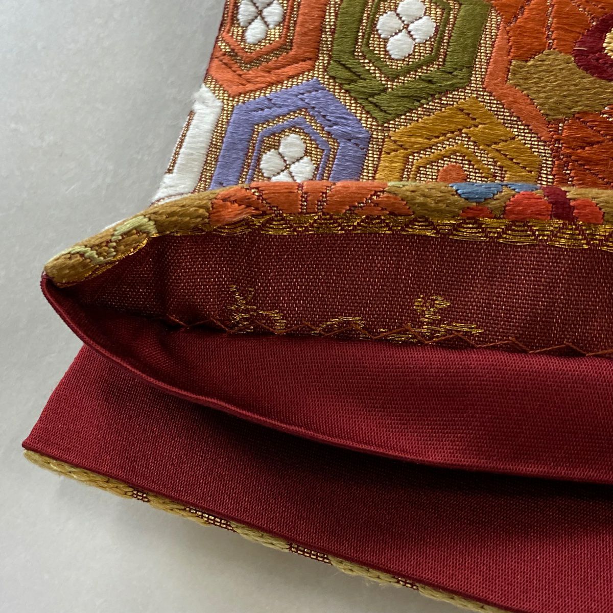 【庫存清倉】 袋帶 美品 秀品級 葉紋 菊花花 金絲 金金箔 紅 六通 純蠶絲