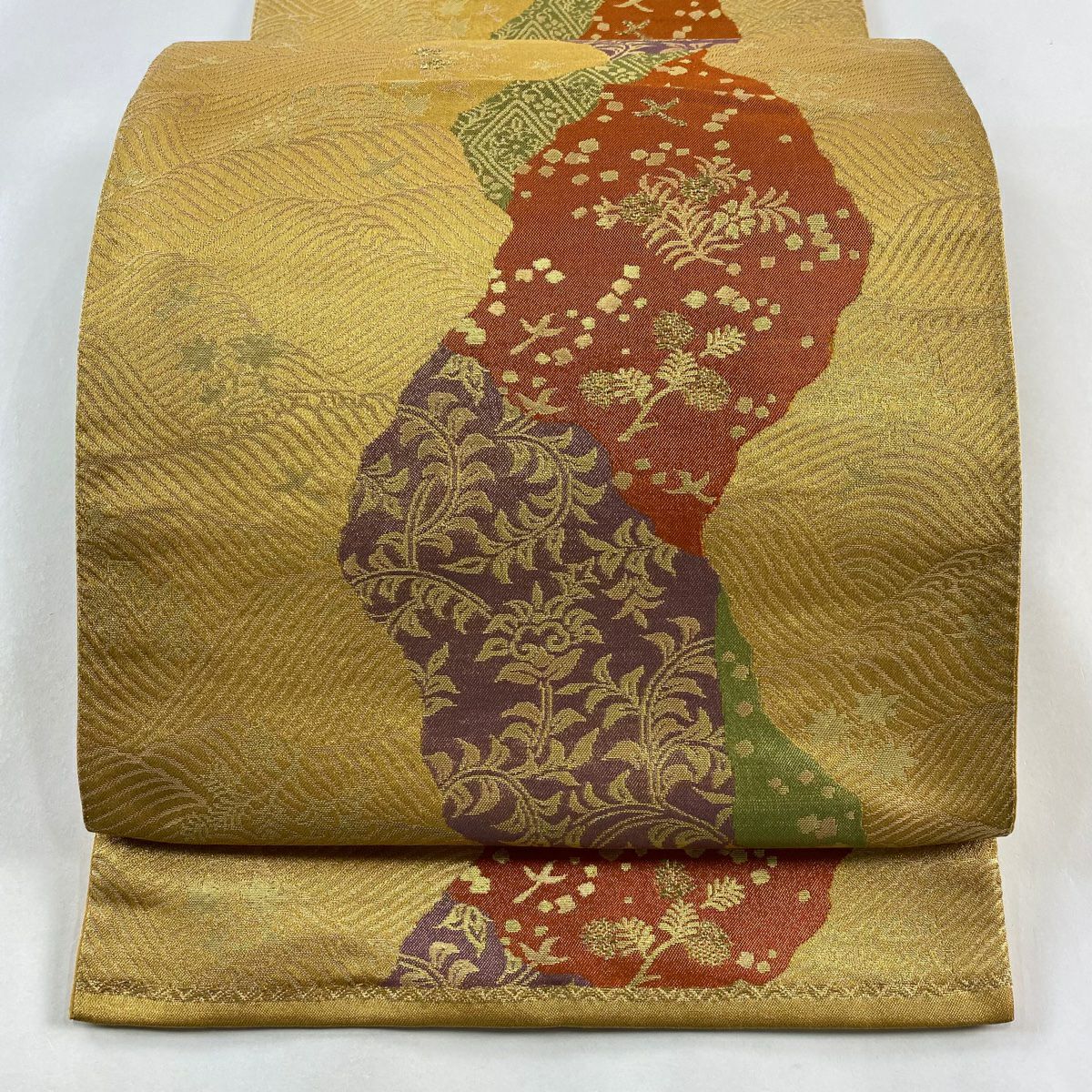 【庫存清倉】 袋帶 優品級 關西仕立 花唐草紋 花鳥 金絲 金金箔 金色 六通 純蠶絲