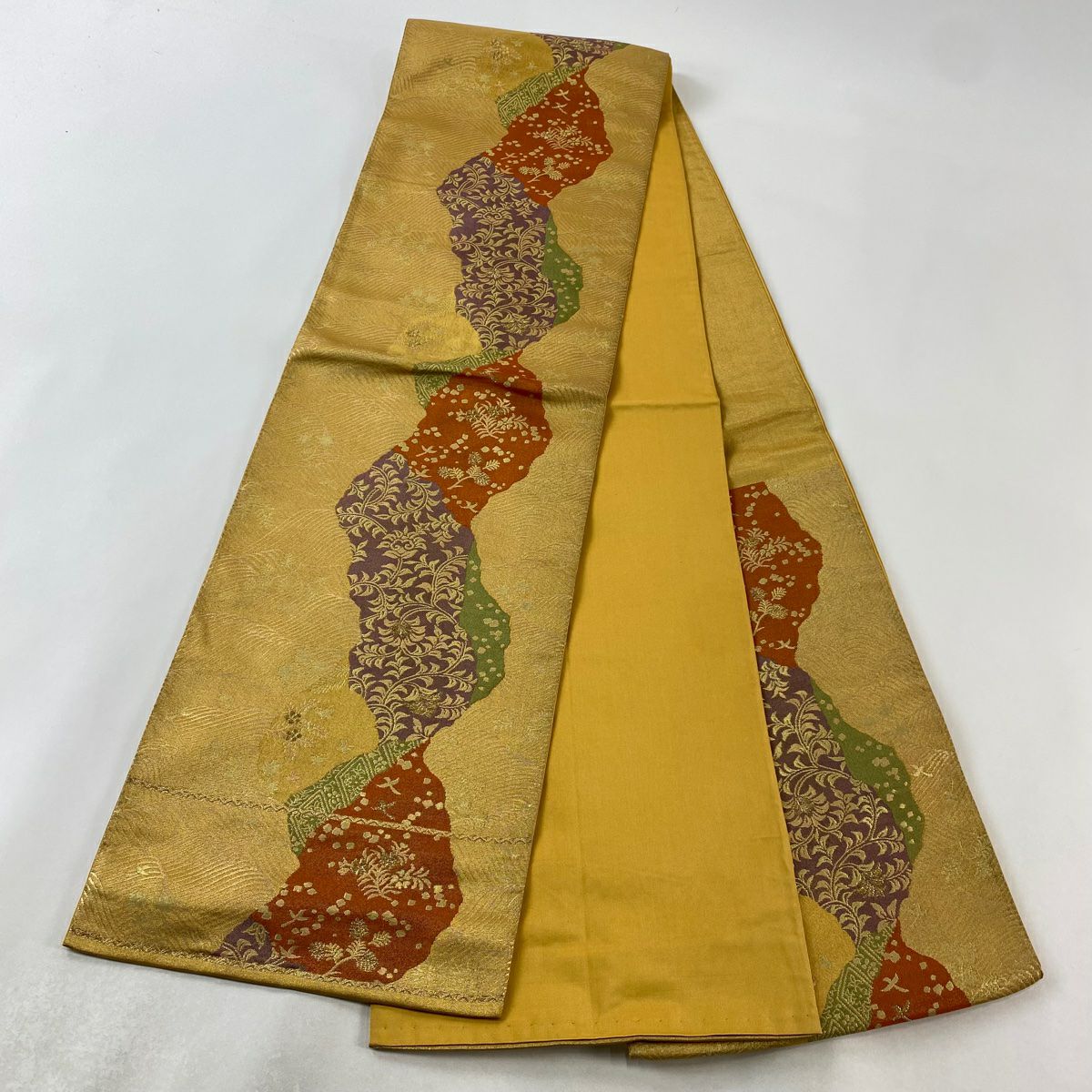 【庫存清倉】 袋帶 優品級 關西仕立 花唐草紋 花鳥 金絲 金金箔 金色 六通 純蠶絲