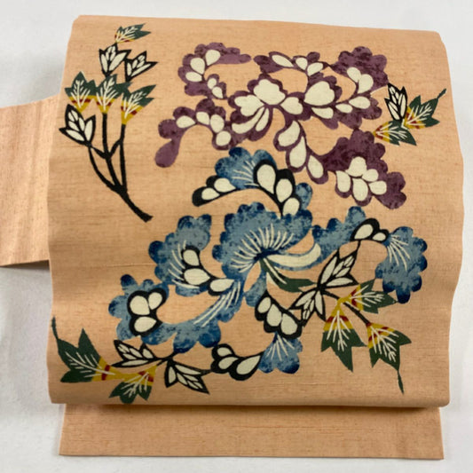 【庫存清倉】 名古屋帶 優品級 草花紋 薄橙 純蠶絲