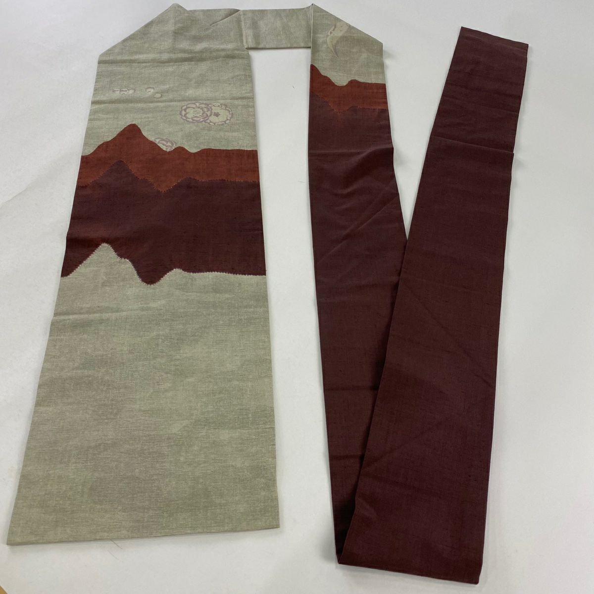 【庫存清倉】 名古屋帶 美品 秀品級 花 幾何學 灰色 純蠶絲