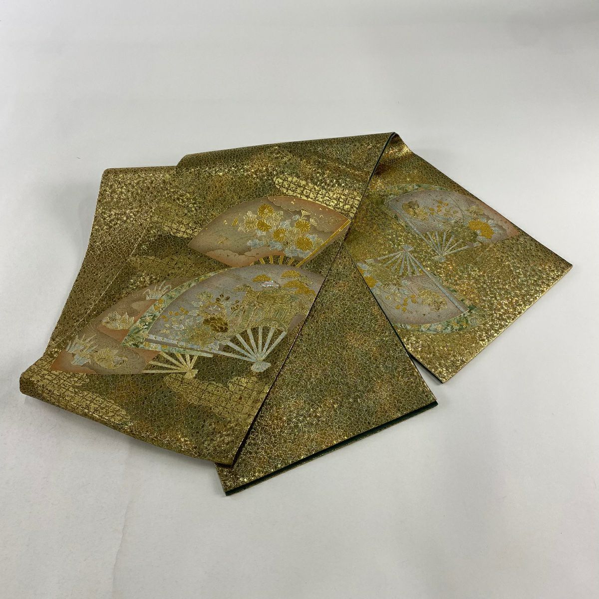【庫存清倉】 袋帶 優品級 扇子子 御所車 螺鈿 金金箔 金色 大鼓圖案 純蠶絲