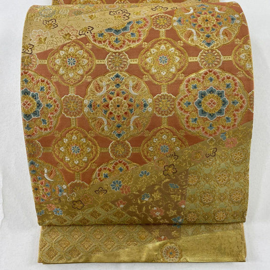 【庫存清倉】 袋帶 美品 秀品級 華紋 花唐草紋 金絲 金金箔 鮭粉色 六通 純蠶絲