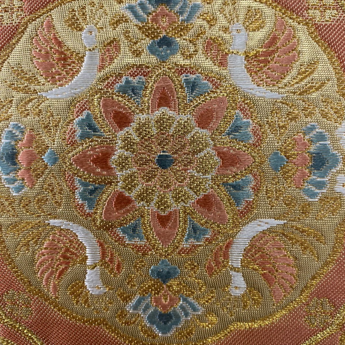 【庫存清倉】 袋帶 美品 秀品級 華紋 花唐草紋 金絲 金金箔 鮭粉色 六通 純蠶絲