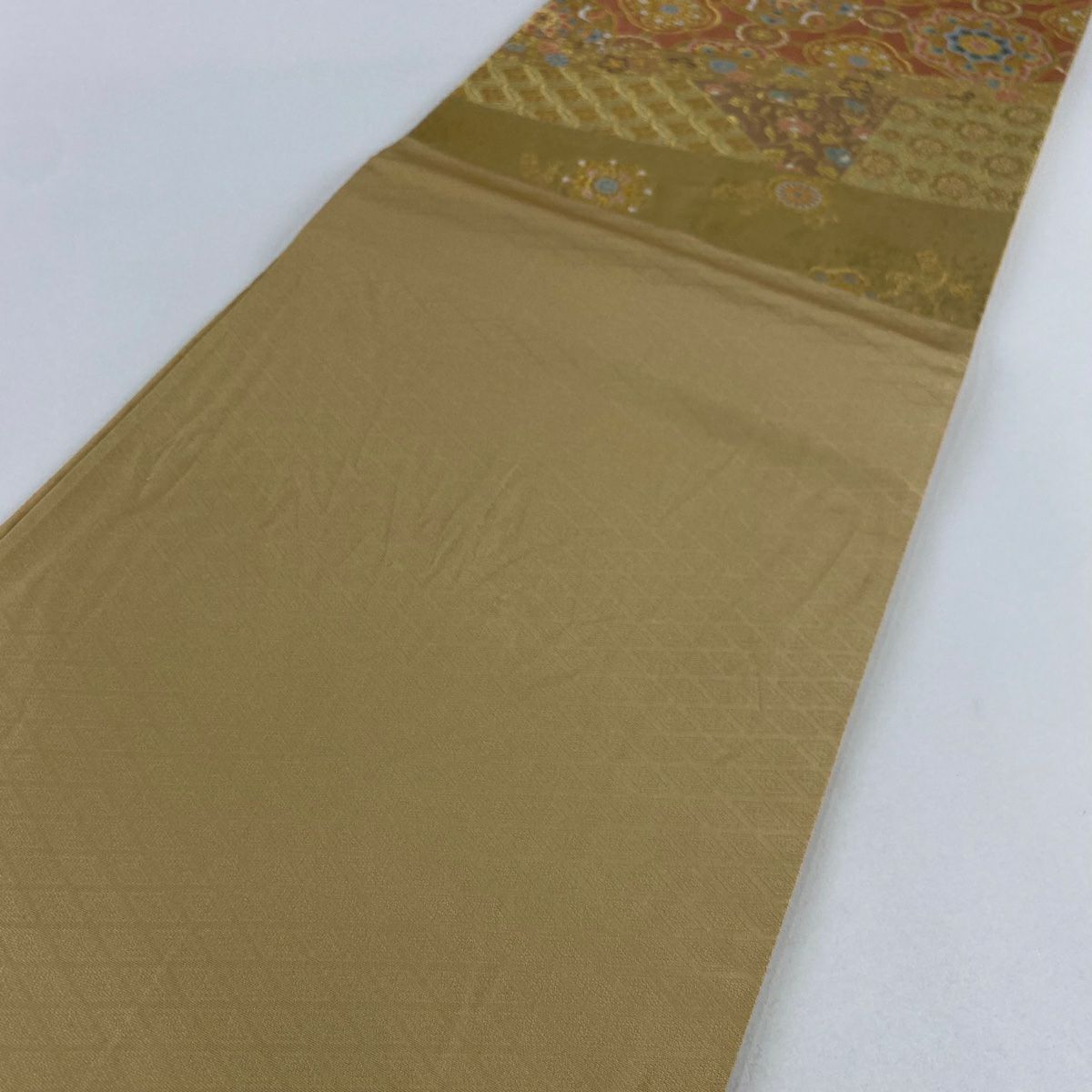【庫存清倉】 袋帶 美品 秀品級 華紋 花唐草紋 金絲 金金箔 鮭粉色 六通 純蠶絲