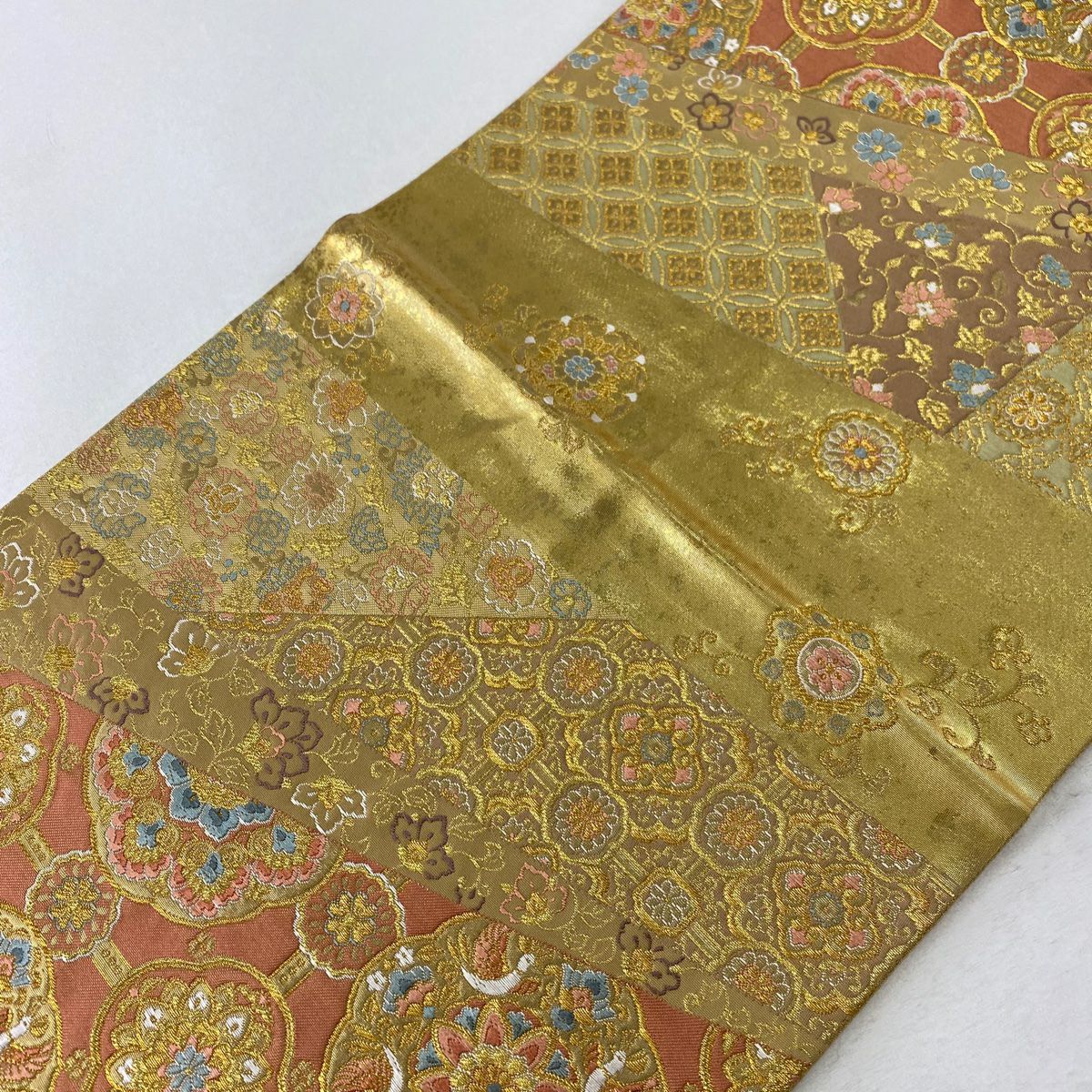 【庫存清倉】 袋帶 美品 秀品級 華紋 花唐草紋 金絲 金金箔 鮭粉色 六通 純蠶絲