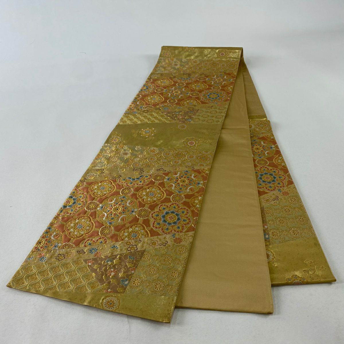【庫存清倉】 袋帶 美品 秀品級 華紋 花唐草紋 金絲 金金箔 鮭粉色 六通 純蠶絲