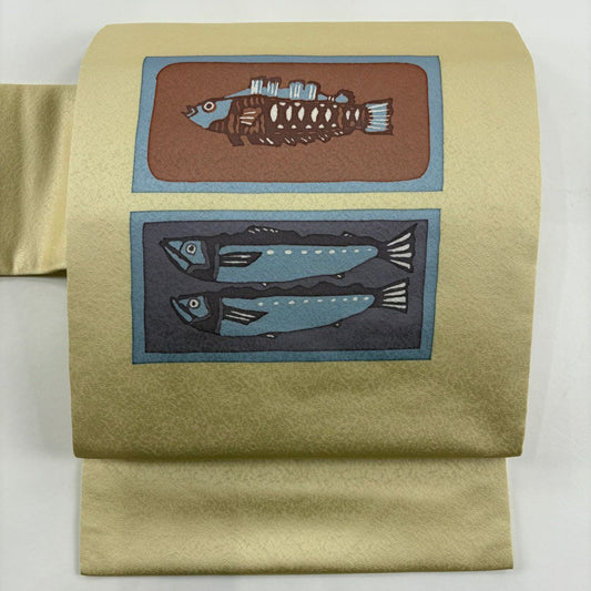 【清倉特賣】 名古屋帶 美品 優品級 魚 色紙 米色 純蠶絲