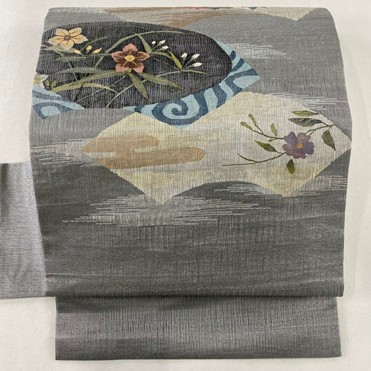 【庫存清倉】 名古屋帶 優品級 夏帶 草花紋紋 扇子面 金絲 灰色 純蠶絲