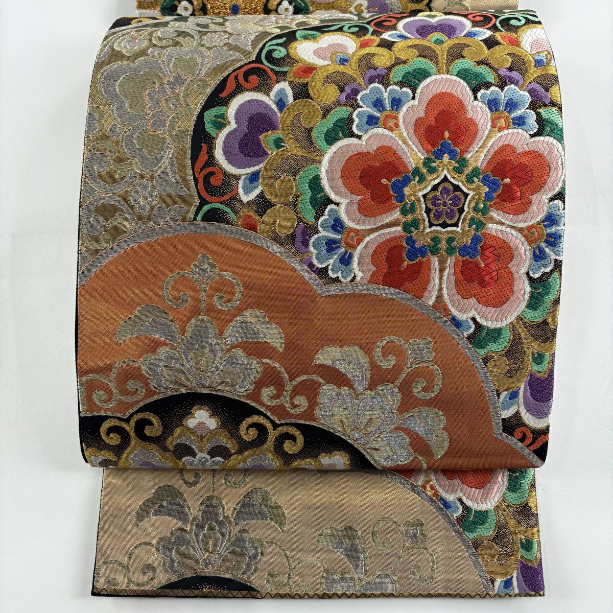 【庫存清倉】 袋帶 美品 秀品級 華紋 花唐草紋 金銀線 金金箔 黑 六通 純蠶絲