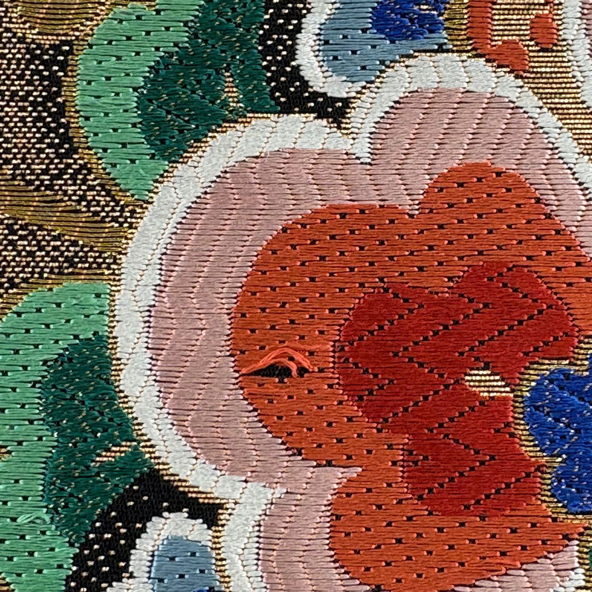 【庫存清倉】 袋帶 美品 秀品級 華紋 花唐草紋 金銀線 金金箔 黑 六通 純蠶絲