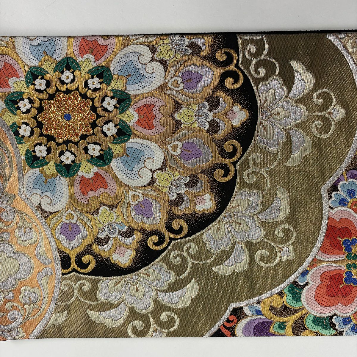 【庫存清倉】 袋帶 美品 秀品級 華紋 花唐草紋 金銀線 金金箔 黑 六通 純蠶絲