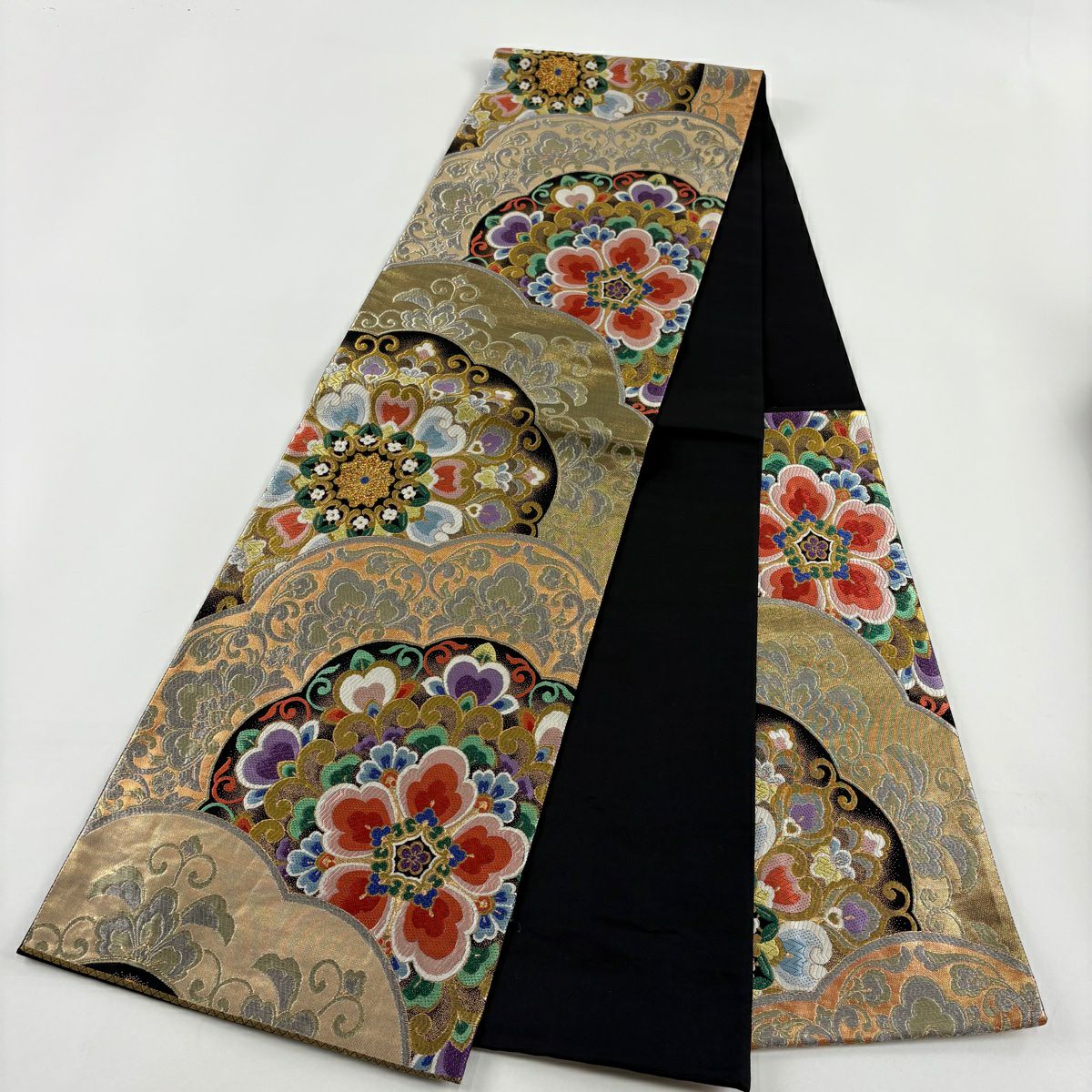 【庫存清倉】 袋帶 美品 秀品級 華紋 花唐草紋 金銀線 金金箔 黑 六通 純蠶絲