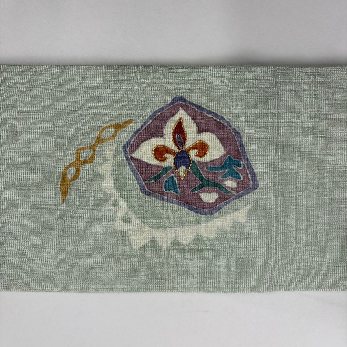 【庫存清倉】 名古屋帶 優品級 草花紋紋 幾何學 金金箔 金絲 淺綠 純蠶絲