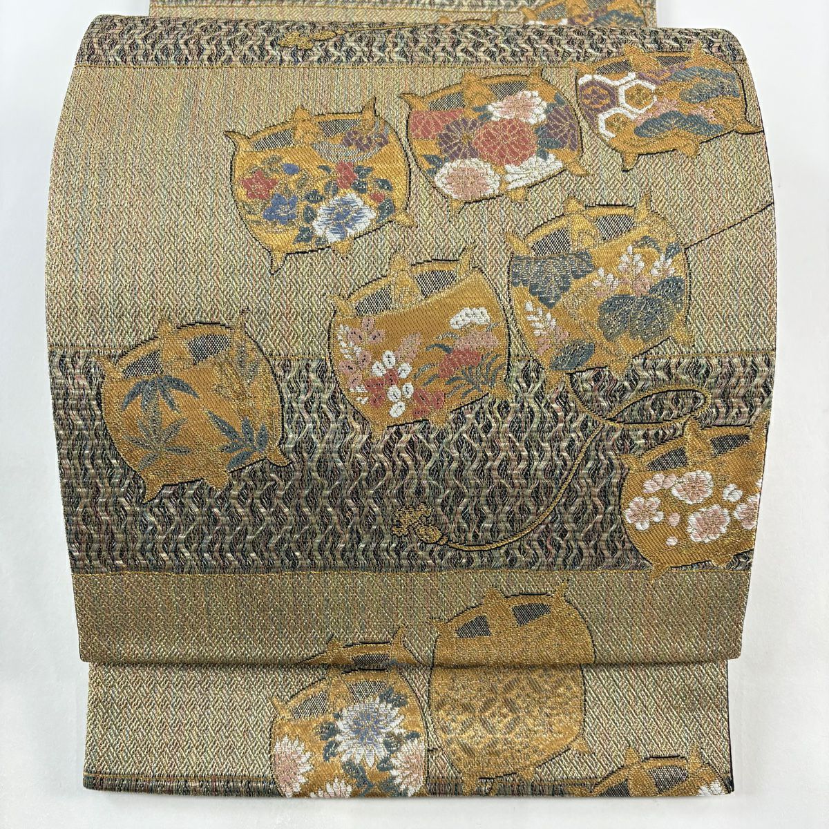 【庫存清倉】 袋帶 美品 秀品級 線卷 草花紋 金絲 金金箔 金茶 六通 純蠶絲