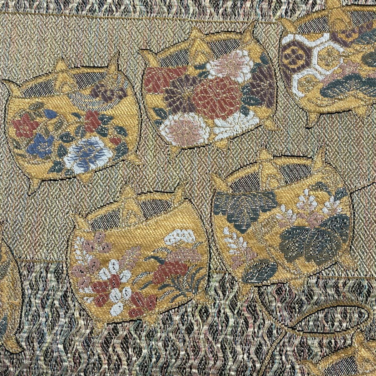 【庫存清倉】 袋帶 美品 秀品級 線卷 草花紋 金絲 金金箔 金茶 六通 純蠶絲