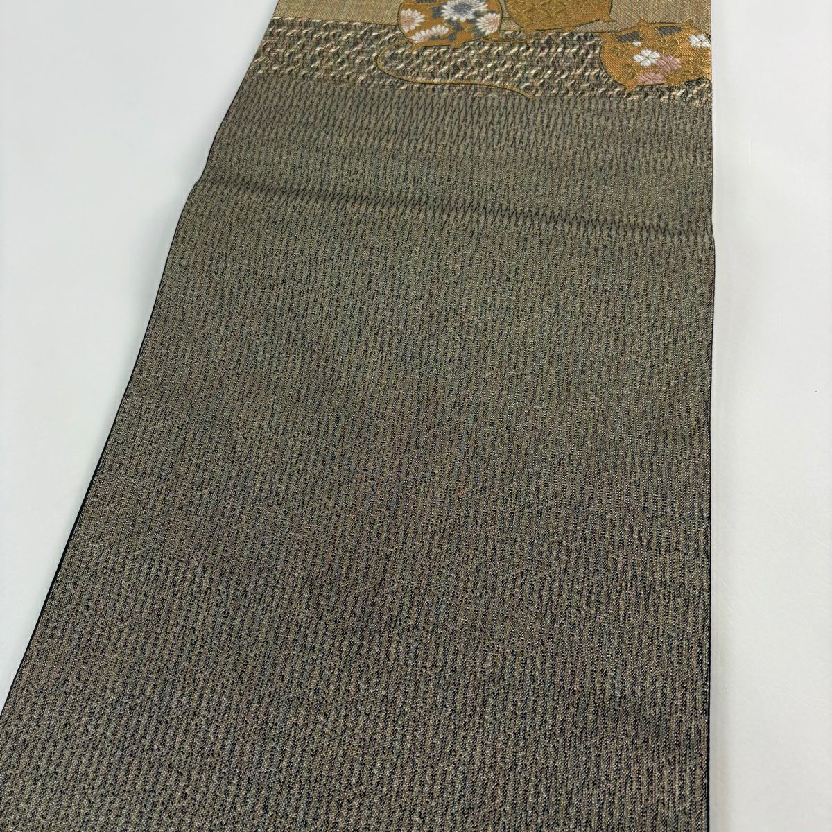 【庫存清倉】 袋帶 美品 秀品級 線卷 草花紋 金絲 金金箔 金茶 六通 純蠶絲