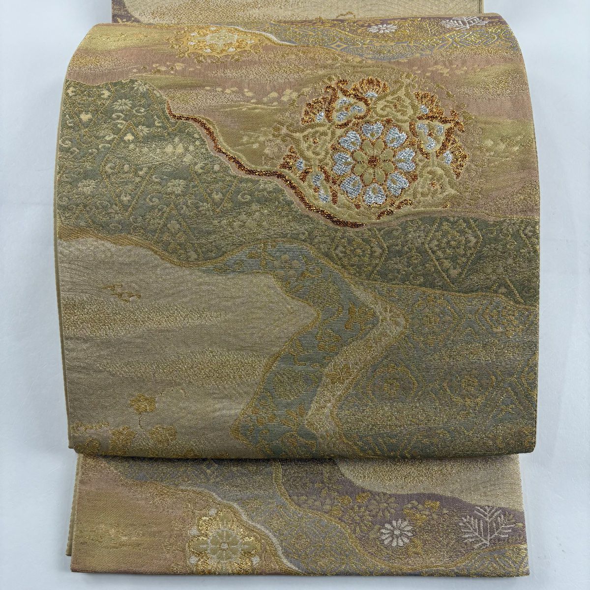 【庫存清倉】 袋帶 美品 秀品級 華紋 道長取 金絲 金金箔 金色 六通 純蠶絲
