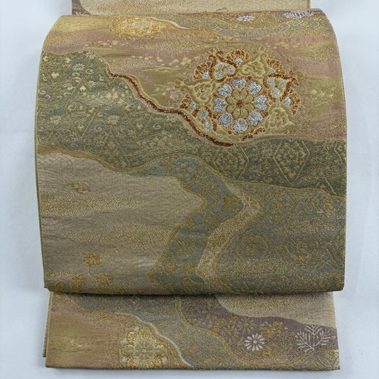 【庫存清倉】 袋帶 美品 秀品級 華紋 道長取 金絲 金金箔 金色 六通 純蠶絲