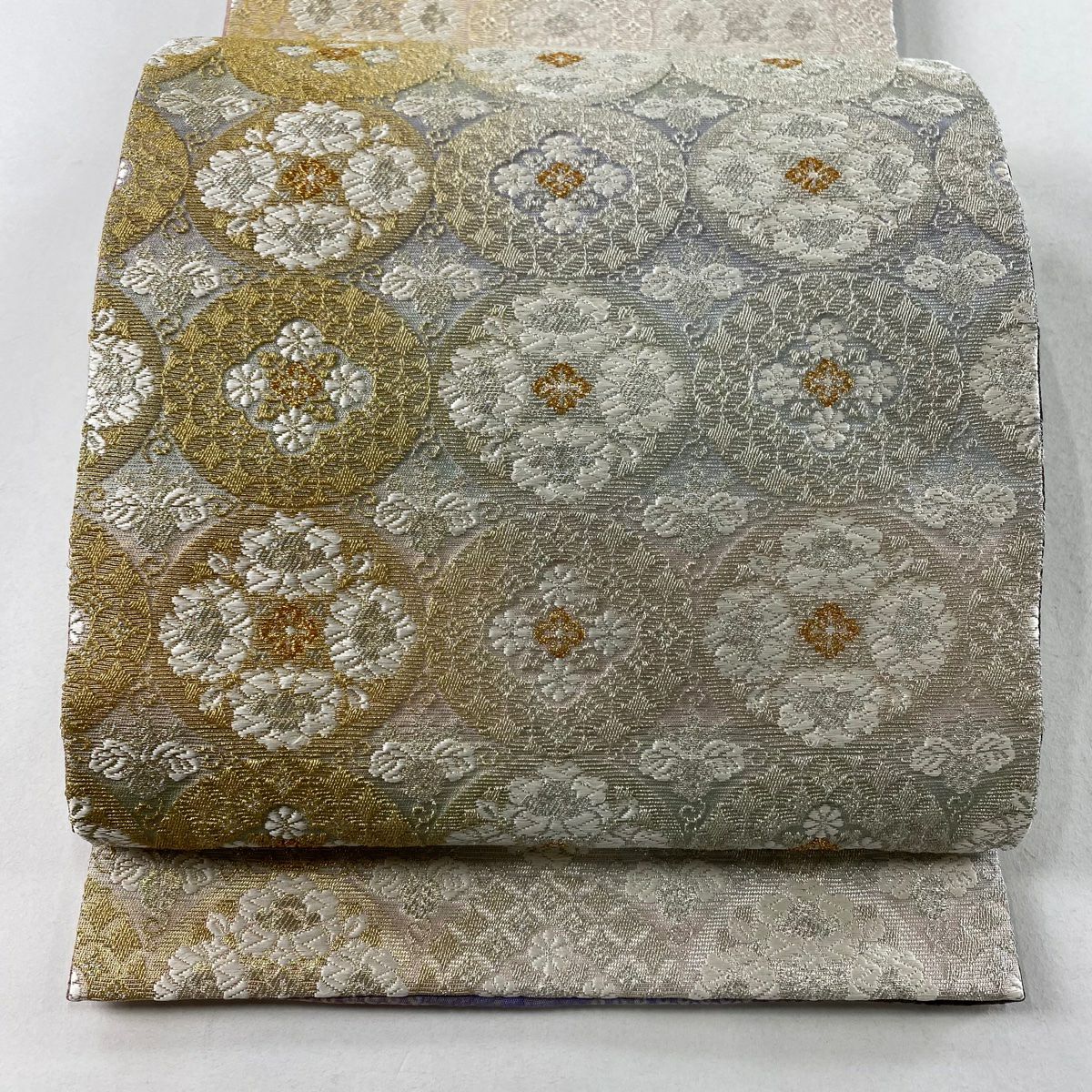 【庫存清倉】 袋帶 美品 逸品級 新小石丸 華紋 桐 刺繡 金銀彩 灰 深藍色 正蠶絲