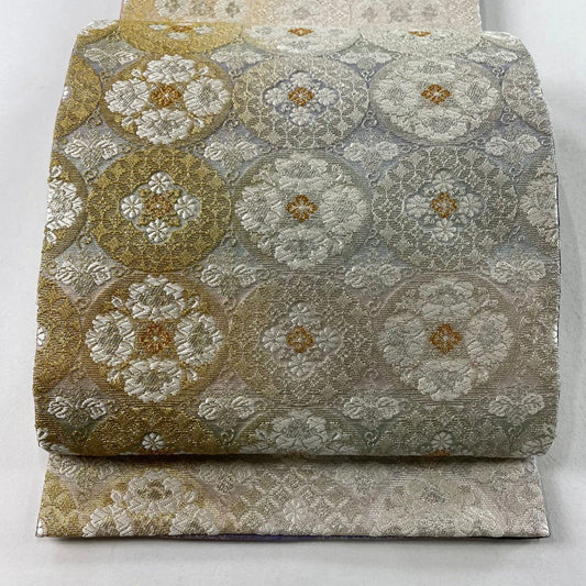 【庫存清倉】 袋帶 美品 逸品級 新小石丸 華紋 桐 刺繡 金銀彩 灰 深藍色 正蠶絲