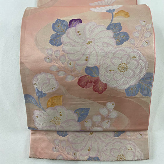 【庫存清倉】 袋帶 優品級 關西仕立 草花紋紋 霞 金絲 金金箔 粉色 六通 純蠶絲