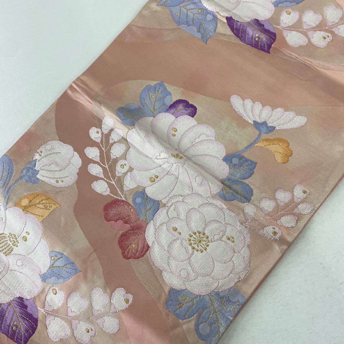 【庫存清倉】 袋帶 優品級 關西仕立 草花紋紋 霞 金絲 金金箔 粉色 六通 純蠶絲