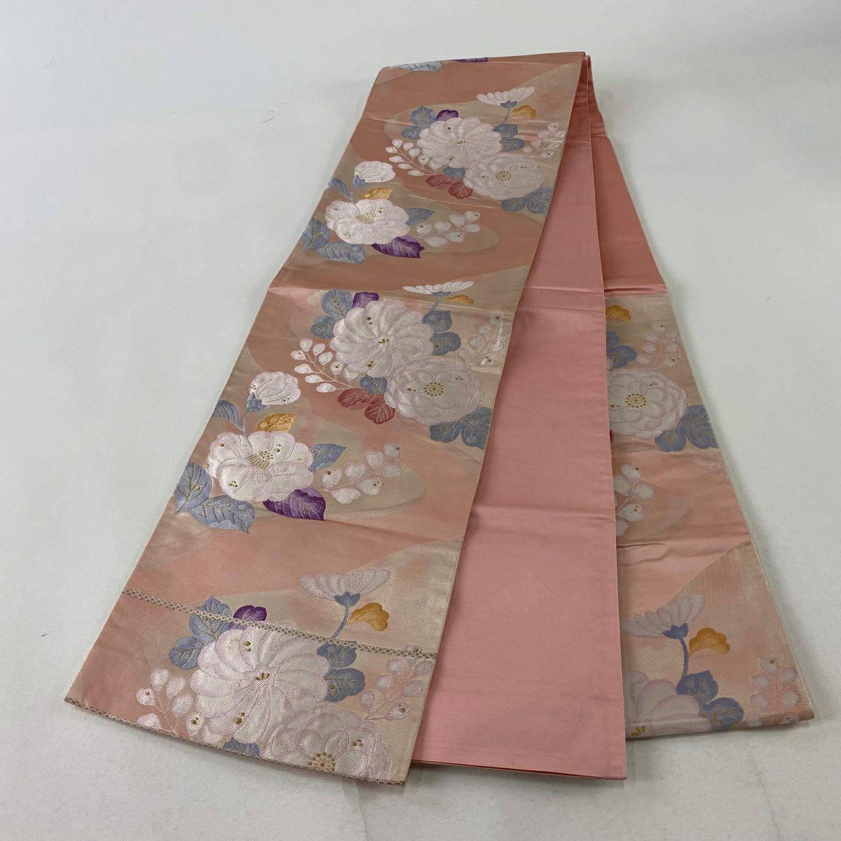 【庫存清倉】 袋帶 優品級 關西仕立 草花紋紋 霞 金絲 金金箔 粉色 六通 純蠶絲