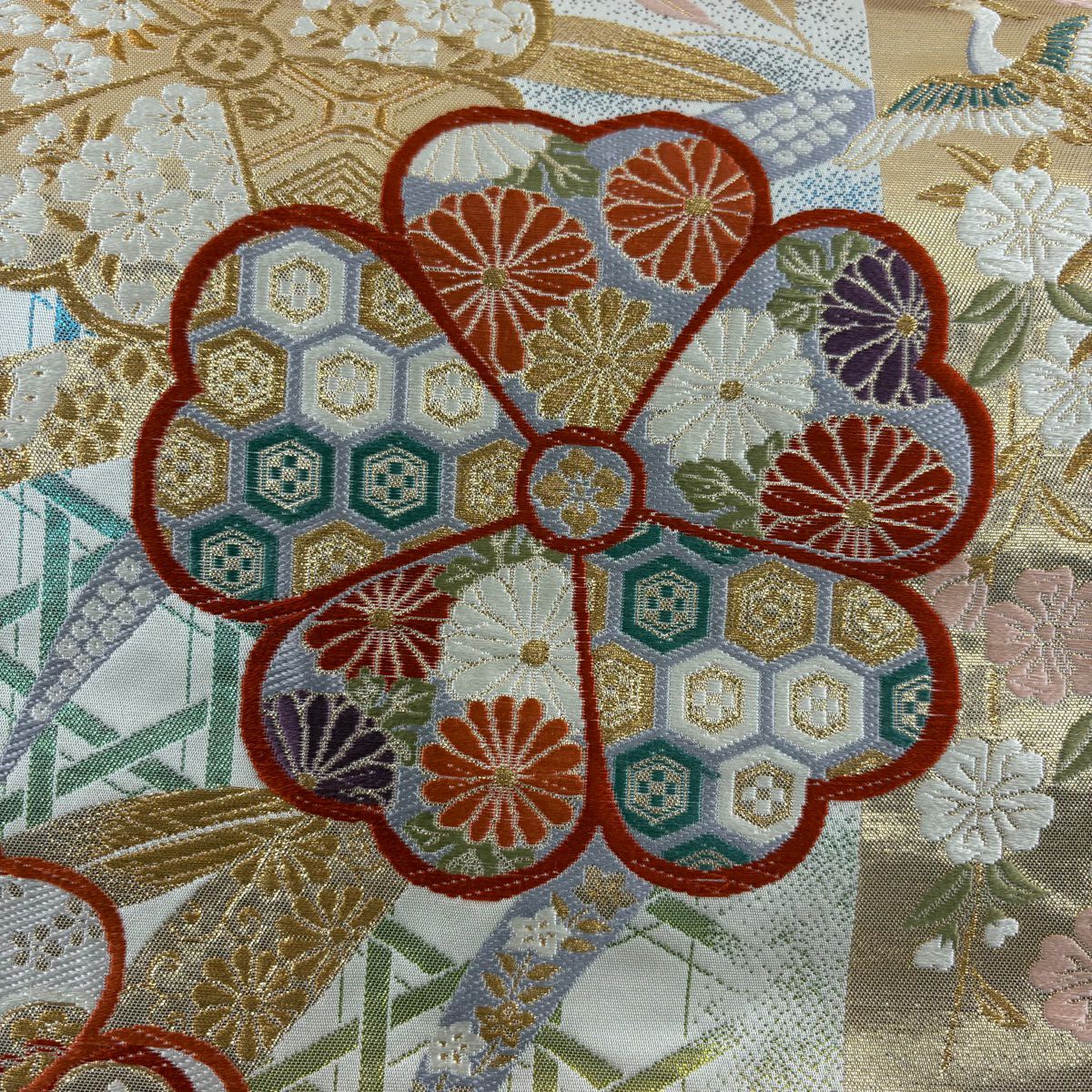 【庫存清倉】 袋帶 優品級 櫻花 鳳凰 金絲 拉麵金金箔 白色 全通 純蠶絲