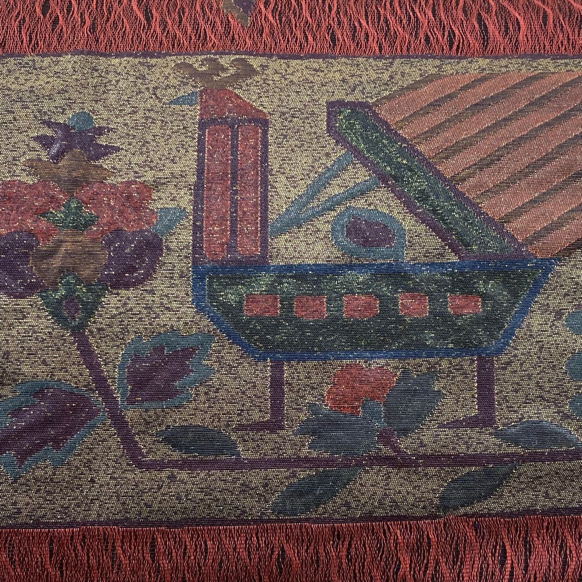 【庫存清倉】 袋帶 優品級 關西仕立 草花紋 變化市松樹 金金箔 深紅 六通 純蠶絲