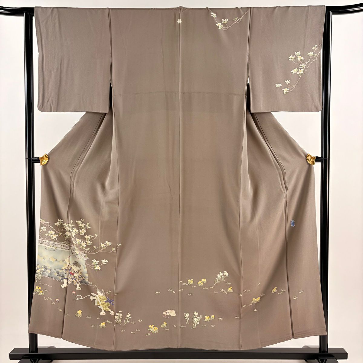 【庫存清倉】訪問服 身長153cm 袖長65.5cm M 雙層 横山秀一 加賀友禪 附有落款 附有證書 駒廻し 童 灰茶 純蠶絲 逸品級 一つ紋