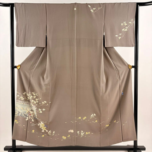 【庫存清倉】訪問服 身長153cm 袖長65.5cm M 雙層 横山秀一 加賀友禪 附有落款 附有證書 駒廻し 童 灰茶 純蠶絲 逸品級 一つ紋