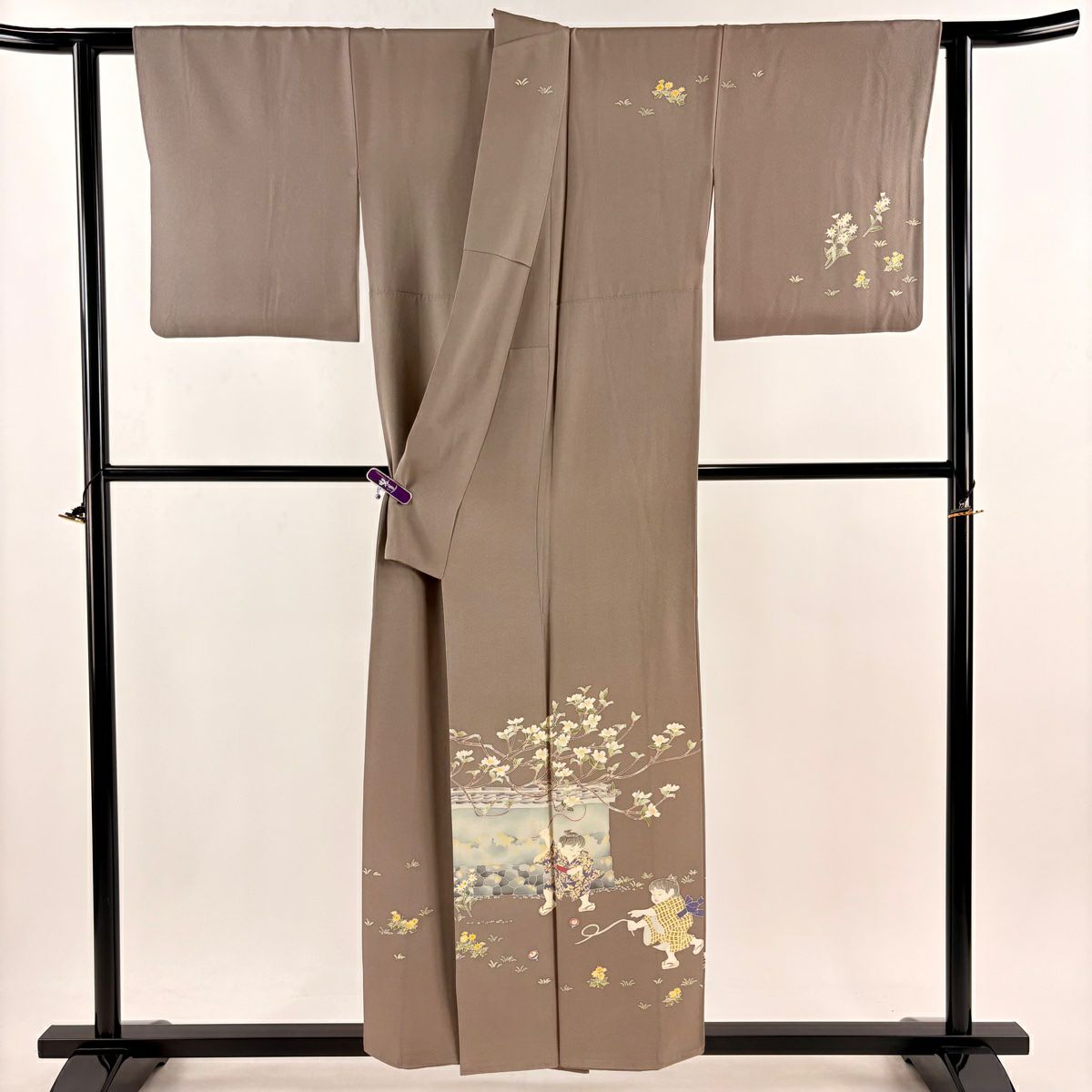 【庫存清倉】訪問服 身長153cm 袖長65.5cm M 雙層 横山秀一 加賀友禪 附有落款 附有證書 駒廻し 童 灰茶 純蠶絲 逸品級 一つ紋