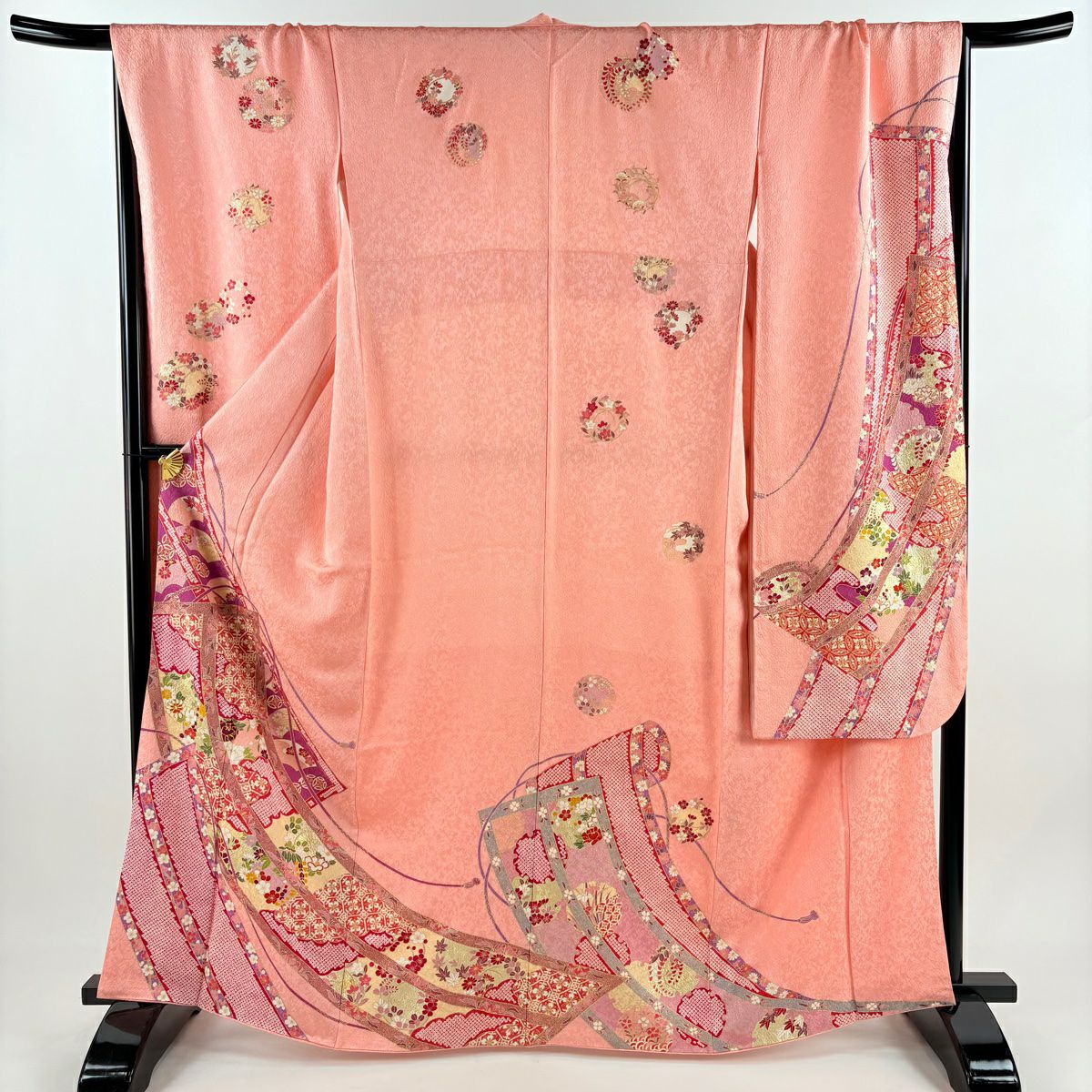 【清倉特賣】振袖禮服 身長165cm 袖長70cm L 雙層 幾帳 雲紋 銀通 金絲 粉紅 純蠶絲 逸品級