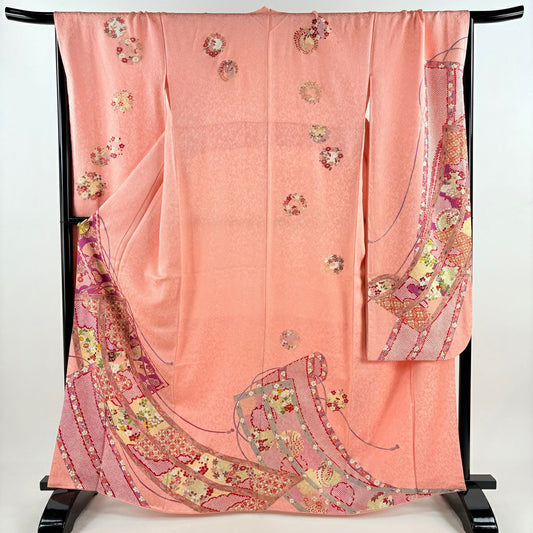 【清倉特賣】振袖禮服 身長165cm 袖長70cm L 雙層 幾帳 雲紋 銀通 金絲 粉紅 純蠶絲 逸品級