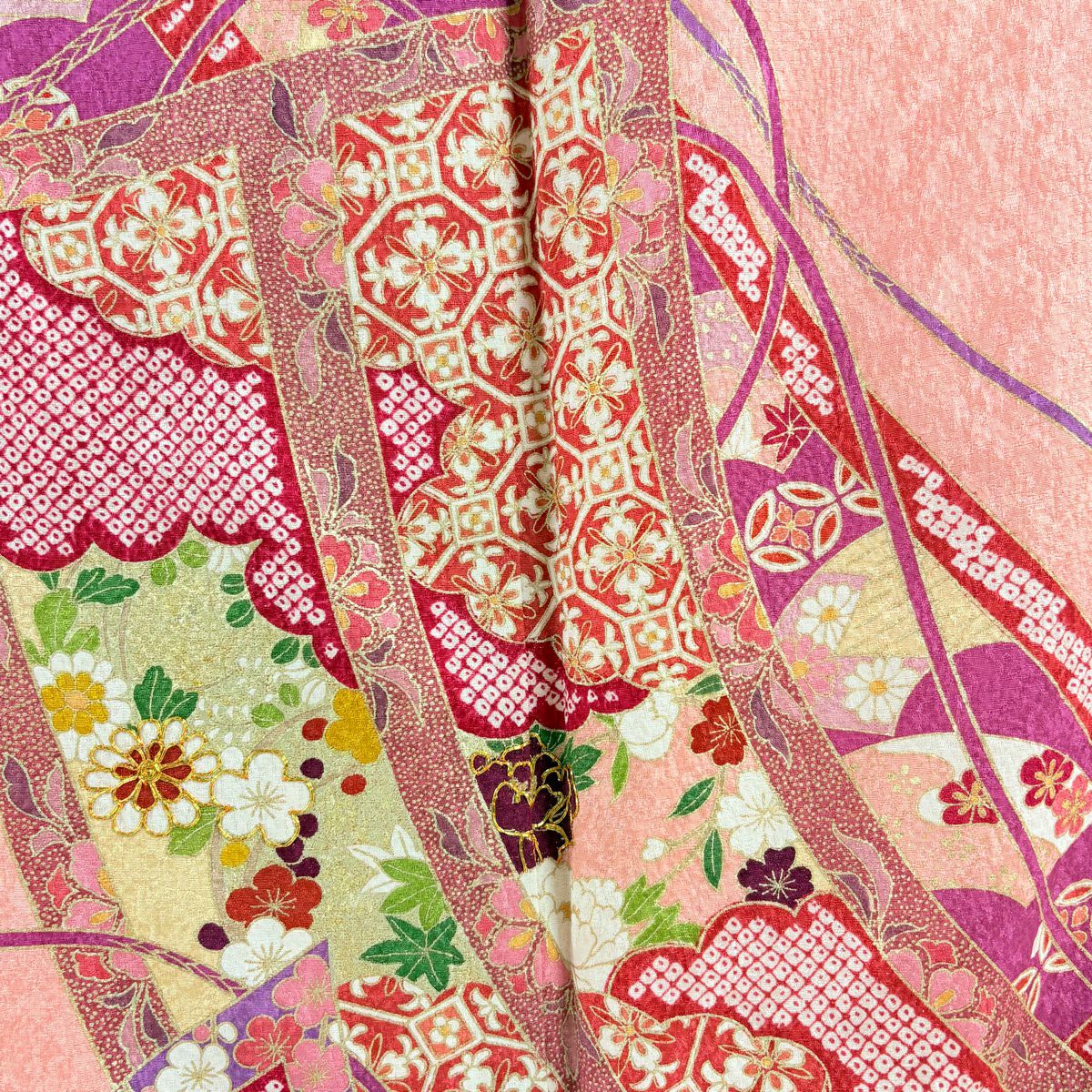 【清倉特賣】振袖禮服 身長165cm 袖長70cm L 雙層 幾帳 雲紋 銀通 金絲 粉紅 純蠶絲 逸品級