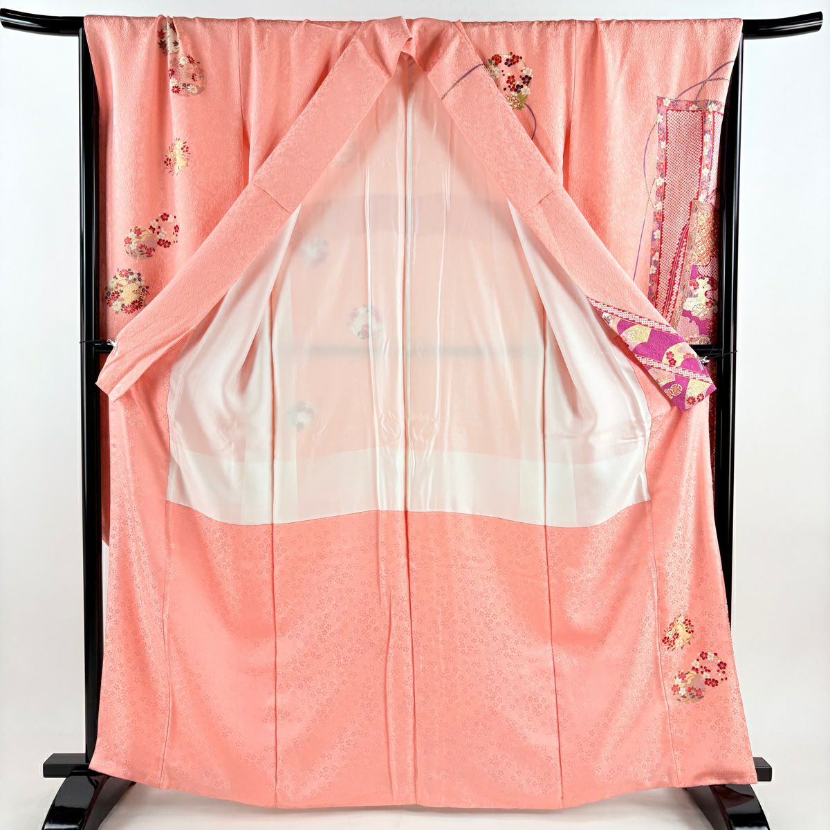 【清倉特賣】振袖禮服 身長165cm 袖長70cm L 雙層 幾帳 雲紋 銀通 金絲 粉紅 純蠶絲 逸品級