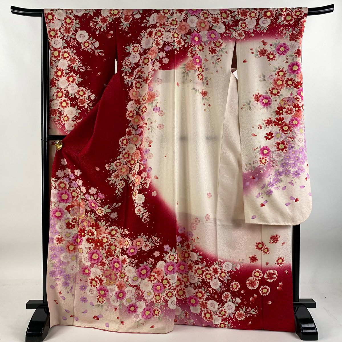 【庫存清倉】振袖禮服 身長171cm 袖長67.5cm L 雙層 手鞠 櫻花 銀通 金銀彩 紅 純蠶絲 逸品級