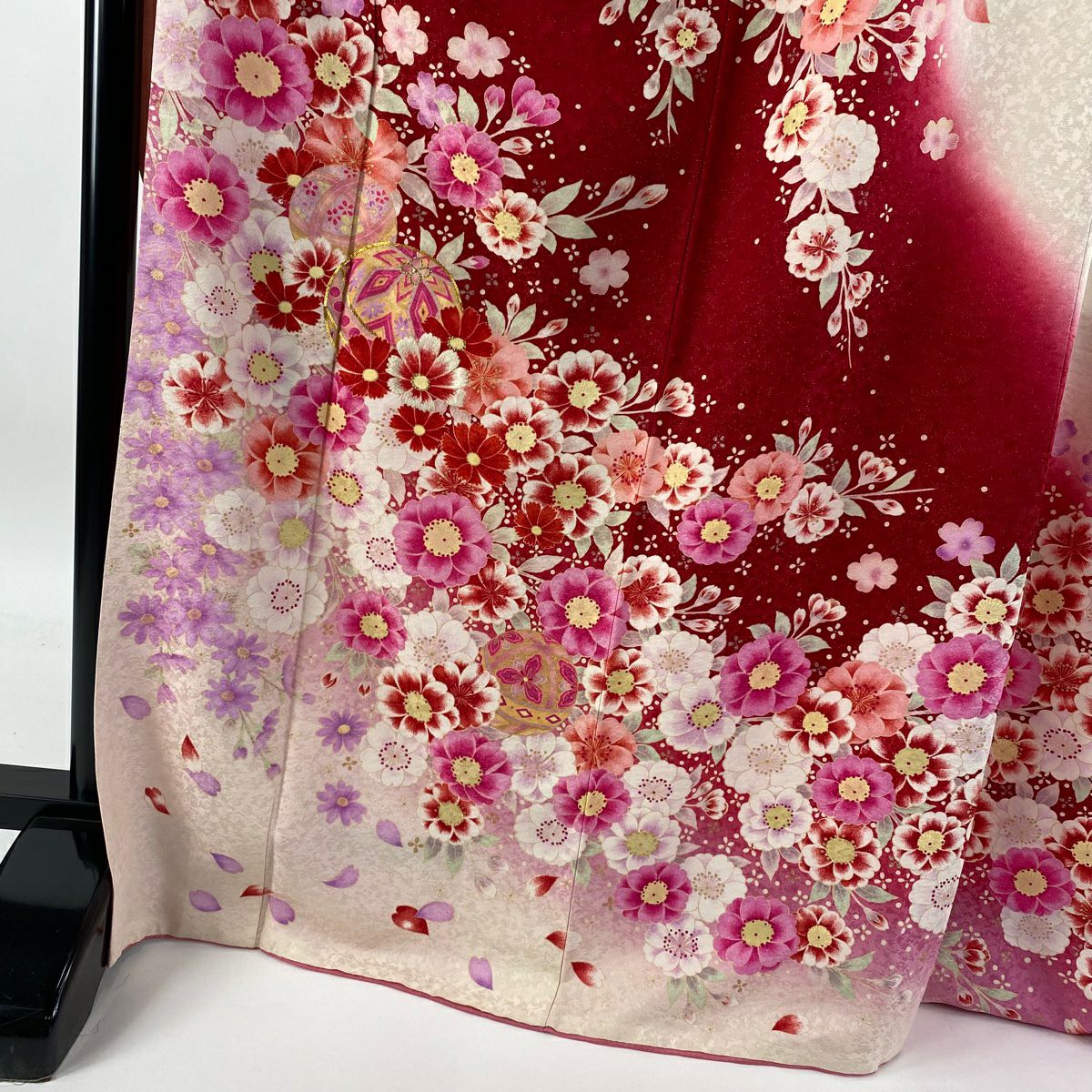 【庫存清倉】振袖禮服 身長171cm 袖長67.5cm L 雙層 手鞠 櫻花 銀通 金銀彩 紅 純蠶絲 逸品級