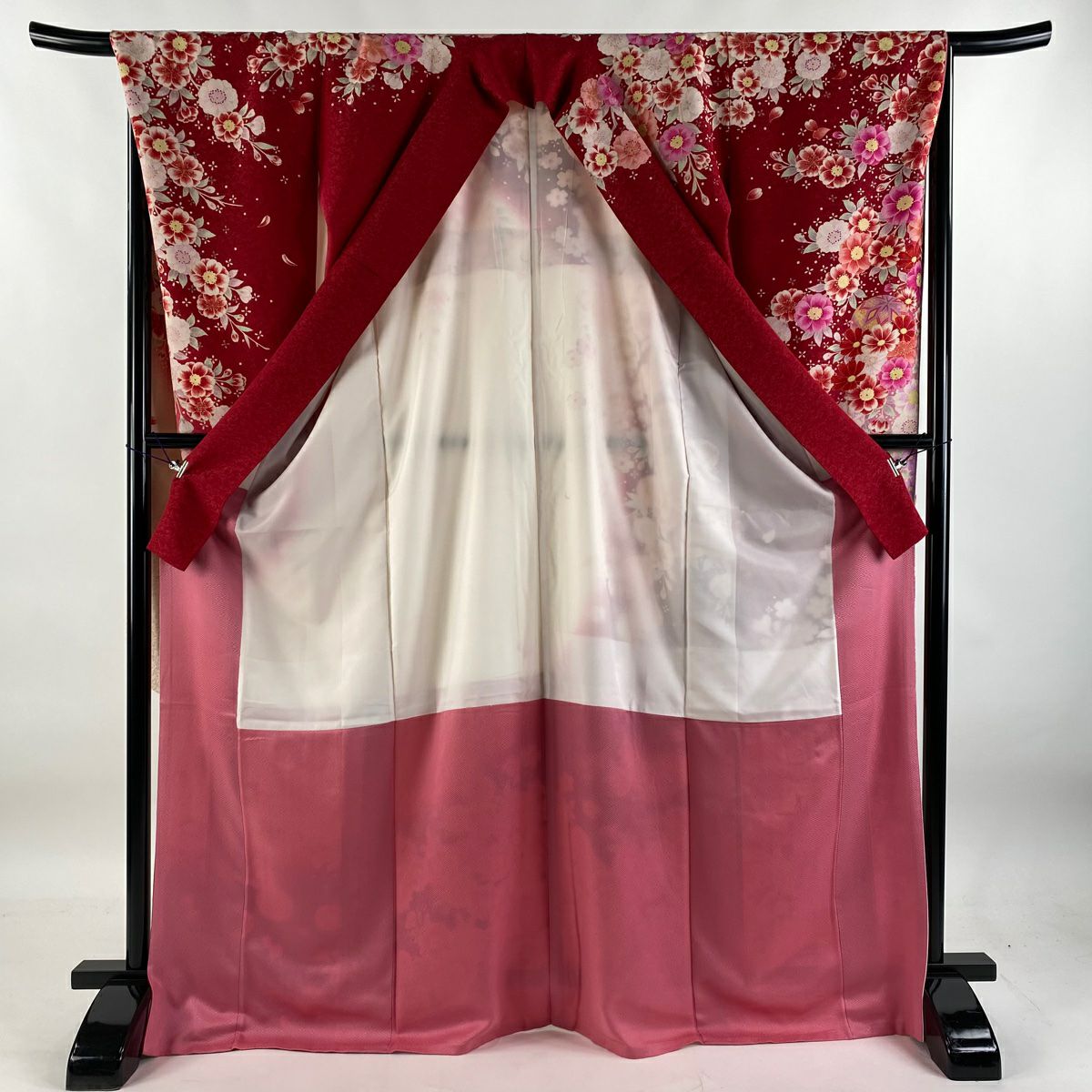 【庫存清倉】振袖禮服 身長171cm 袖長67.5cm L 雙層 手鞠 櫻花 銀通 金銀彩 紅 純蠶絲 逸品級