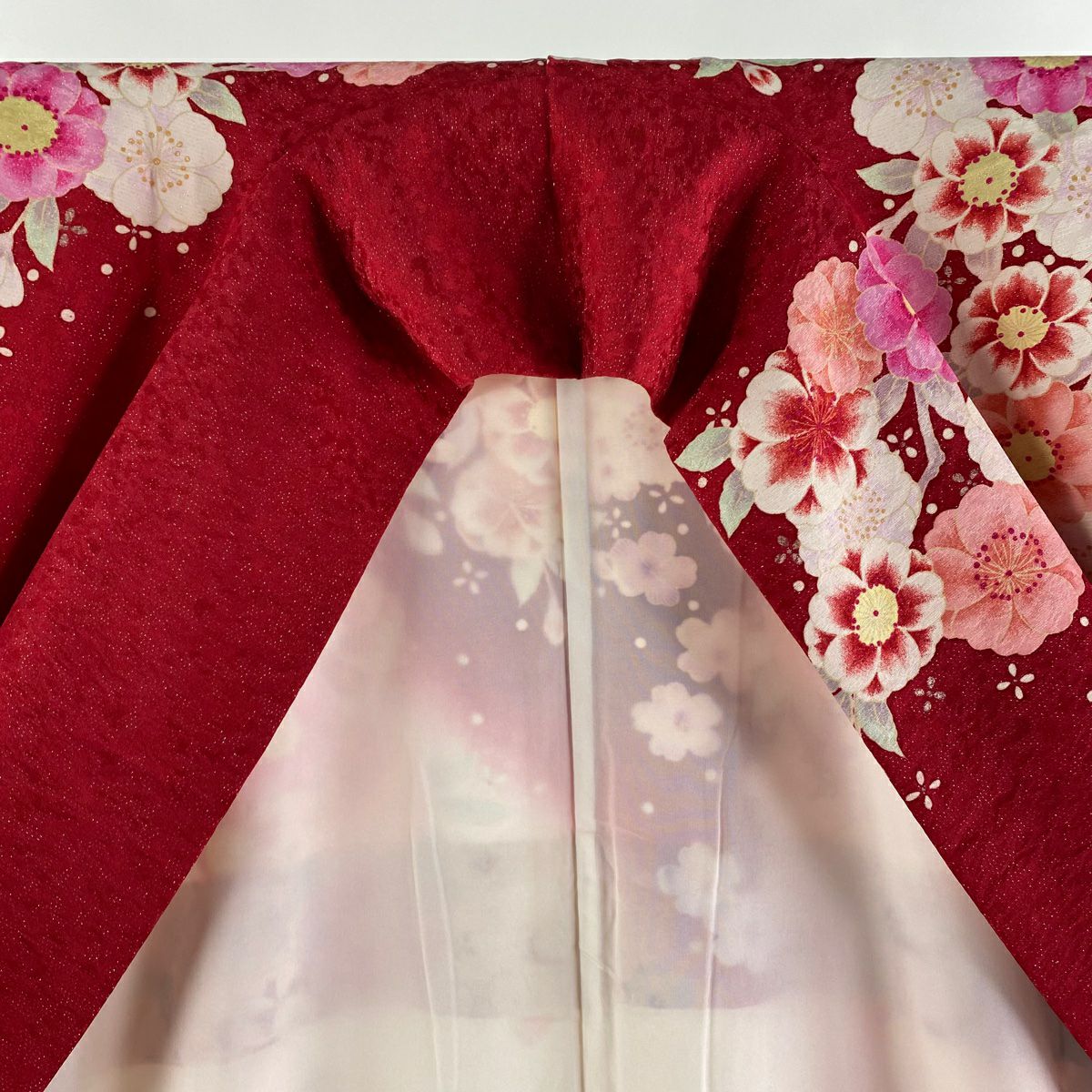 【庫存清倉】振袖禮服 身長171cm 袖長67.5cm L 雙層 手鞠 櫻花 銀通 金銀彩 紅 純蠶絲 逸品級