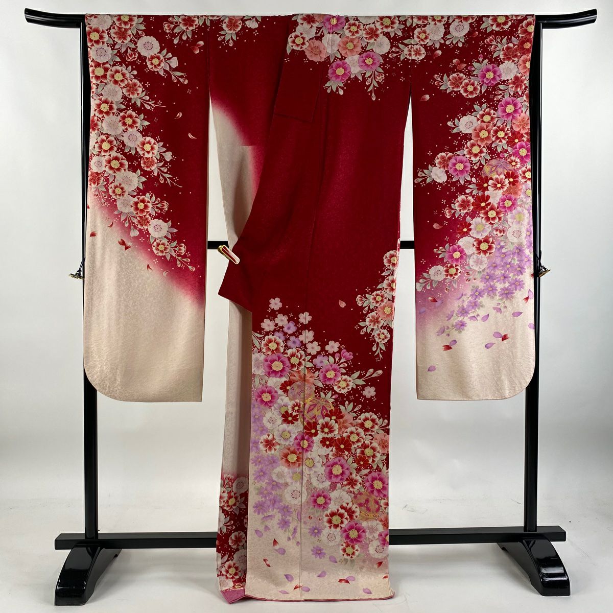 【庫存清倉】振袖禮服 身長171cm 袖長67.5cm L 雙層 手鞠 櫻花 銀通 金銀彩 紅 純蠶絲 逸品級