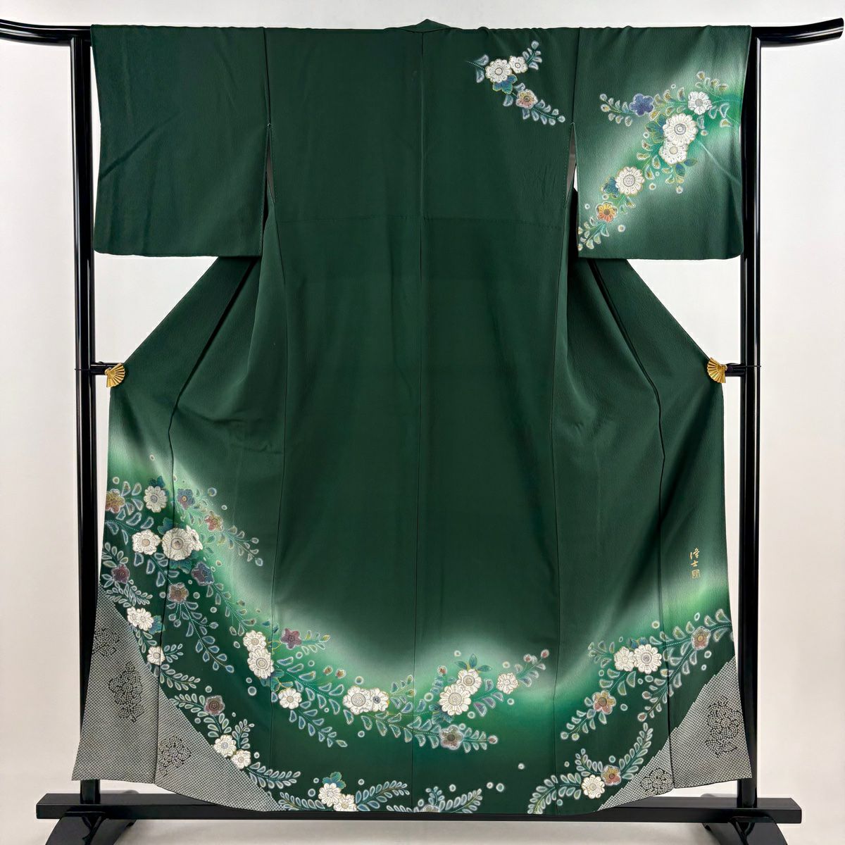 【庫存清倉】訪問服 身長158cm 袖長64.5cm M 雙層 藤本隆士 落款あり 辻花染 螺鈿 金銀彩 綠 純蠶絲 逸品級