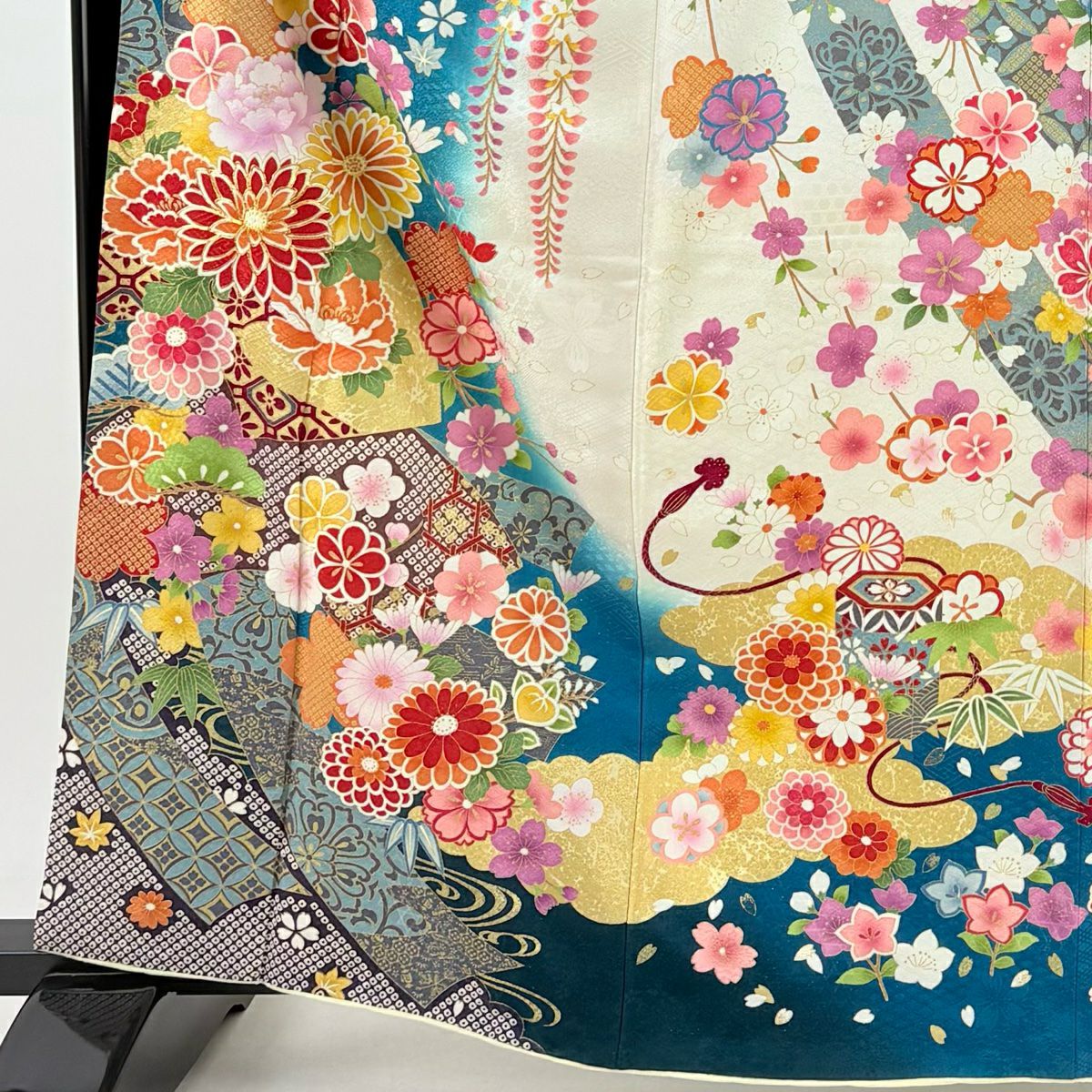 振袖禮服 身長163cm 袖長65.5cm M 雙層 短冊 草花紋紋 銀通 金銀彩 青綠 純蠶絲 逸品級