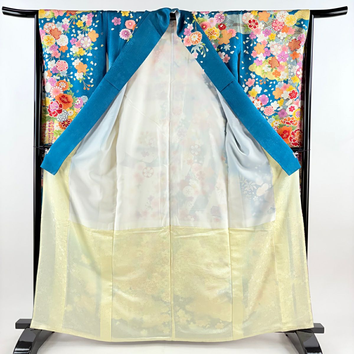 振袖禮服 身長163cm 袖長65.5cm M 雙層 短冊 草花紋紋 銀通 金銀彩 青綠 純蠶絲 逸品級