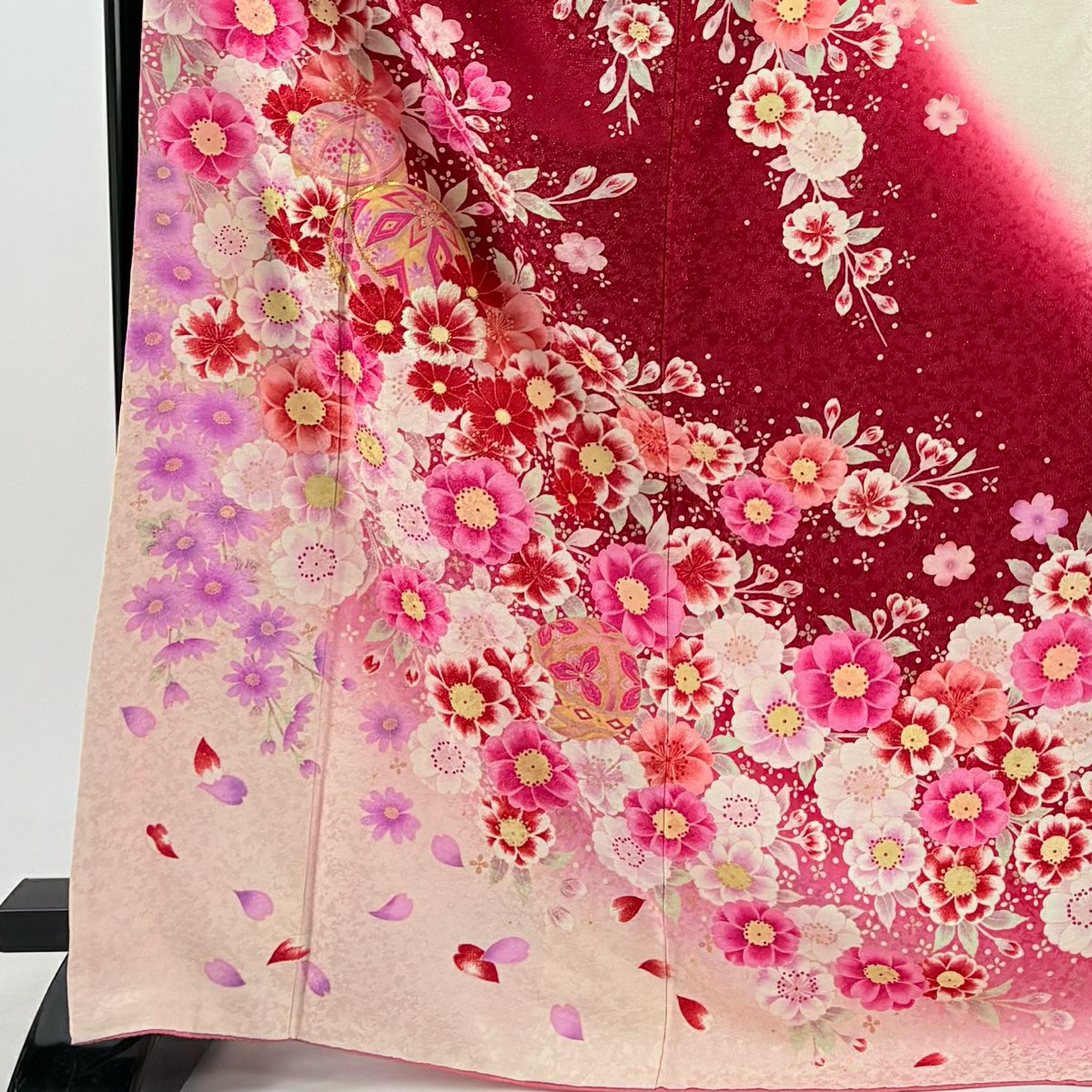 【庫存清倉】振袖禮服 身長172cm 袖長68.5cm L 雙層 手鞠 櫻花 銀通 金絲 紅 純蠶絲 逸品級